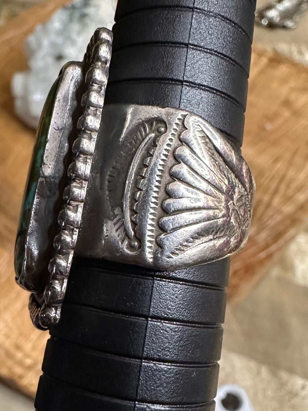 Tony Garcia Navajo Sterling Silver Turquoise Cigar Band Ring - Picture 10 of 13